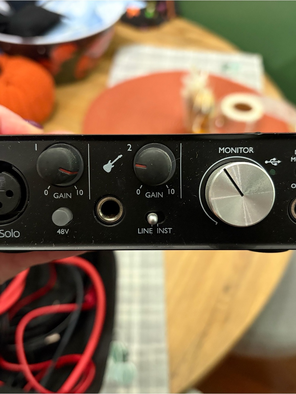 Scarlett audio interface, headphones and condenser microphone with cables